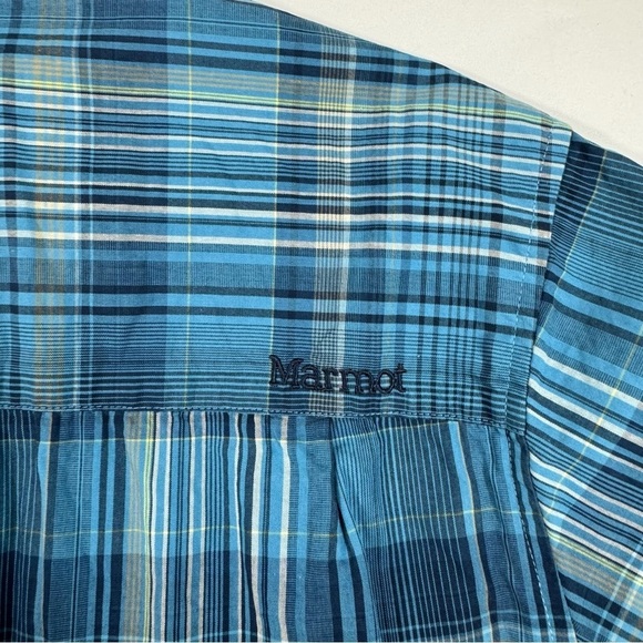 Marmot Mens Button Front Shirt Blue Plaid Short Sleeve - Picture 5 of 7
